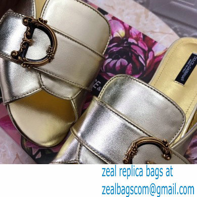 Dolce  &  Gabbana Leather Flat Sliders Gold With Baroque D & G Logo 2021